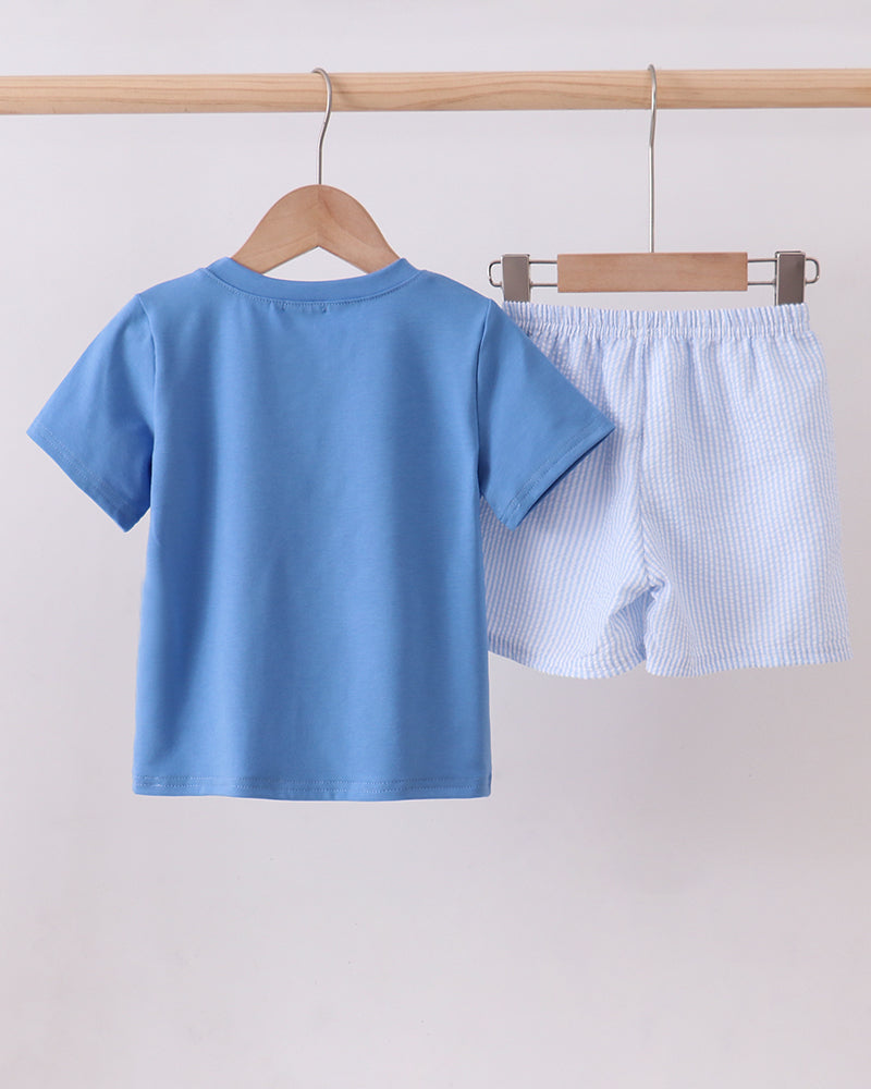 Blue t-shirt and shorts set hanging on a wooden rack against a white background