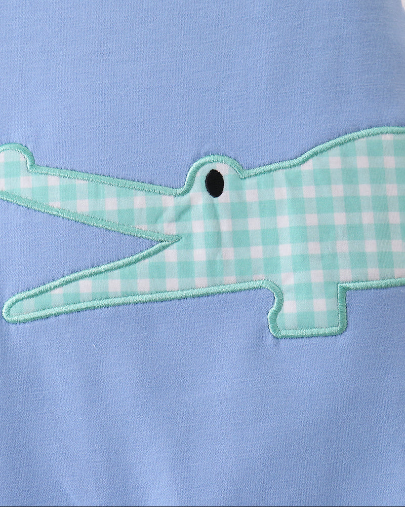 Light blue jon jon with green gingham crocodile applique and contrast outline