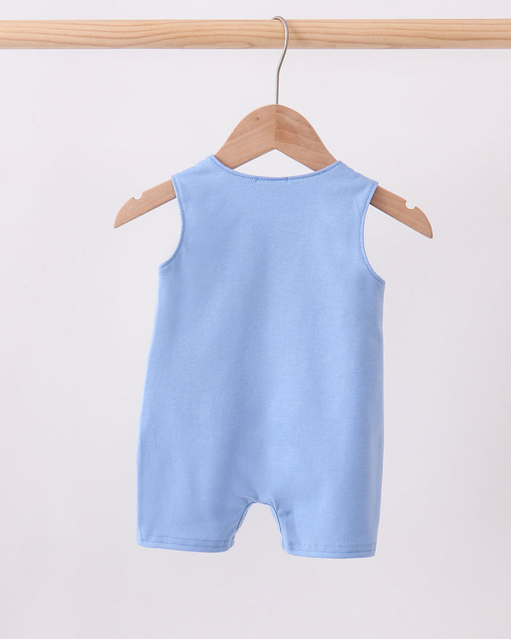 Light blue sleeveless jon jon romper on wooden hanger