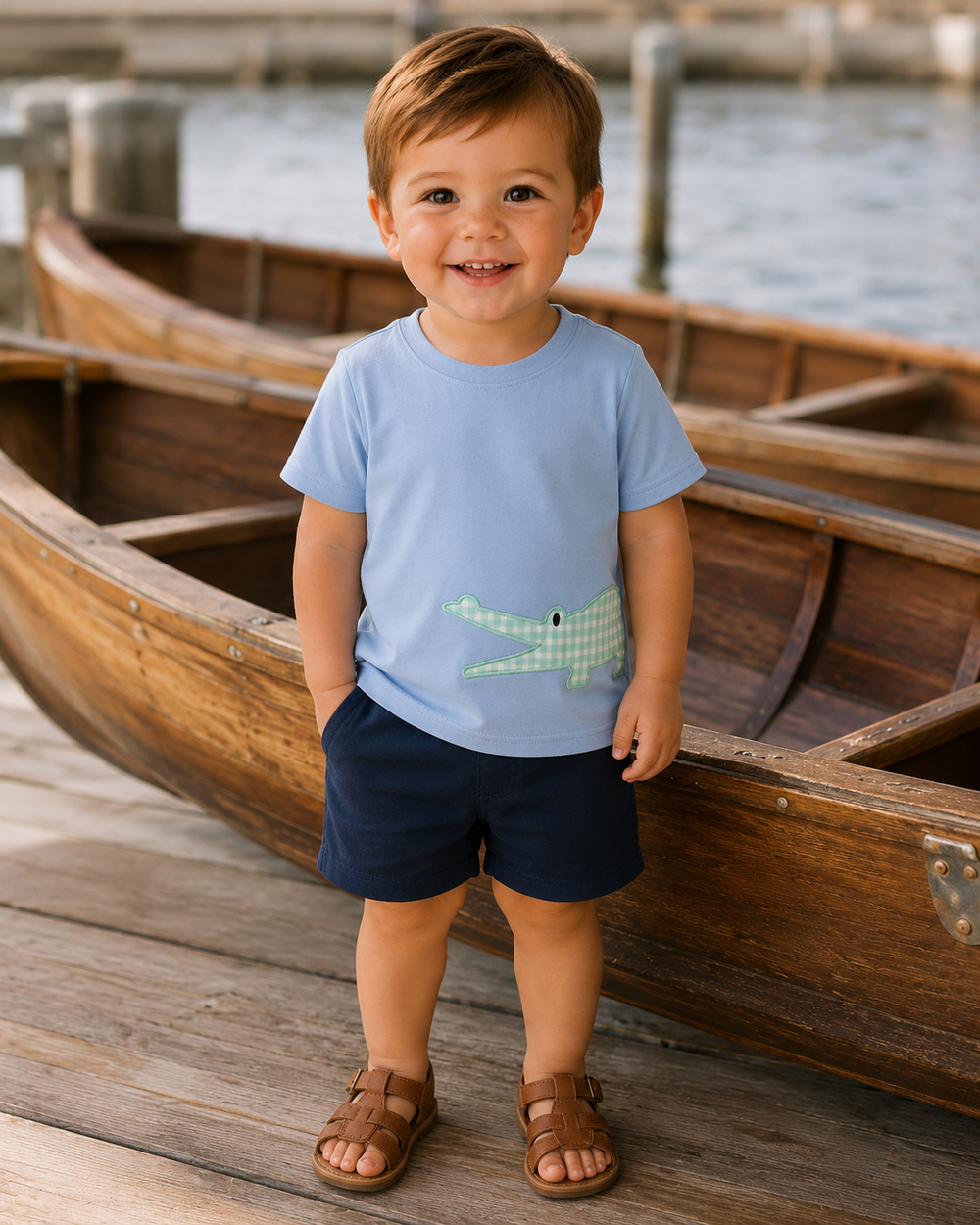 Light blue toddler T-shirt with green crocodile applique graphic