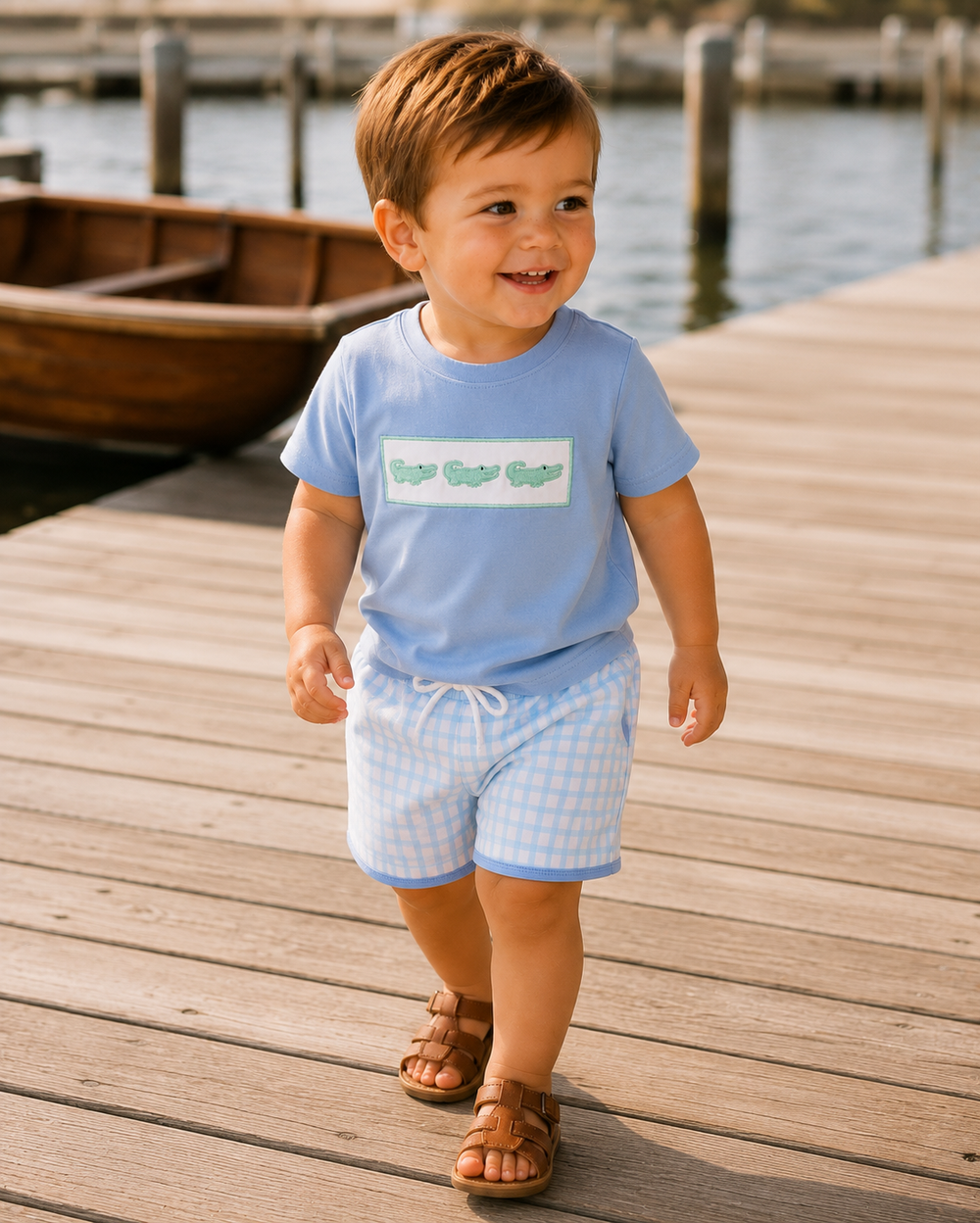 Toddler wearing a light blue T-shirt and blue-trim checkered shorts set