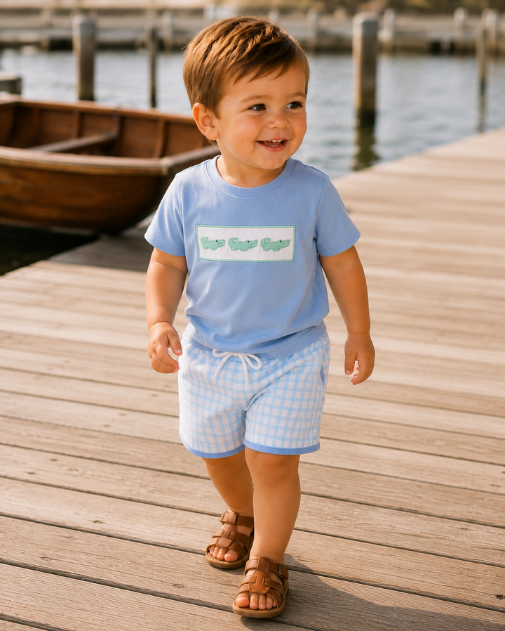 Toddler wearing a light blue T-shirt and blue-trim checkered shorts set