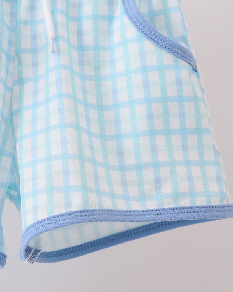 Light blue checkered shorts with elastic waist and blue hem trim