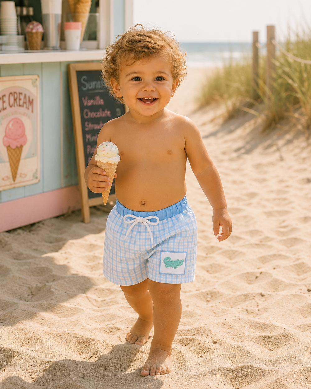 Child wearing light blue plaid swim trunks with white drawstring and crocodile patch.