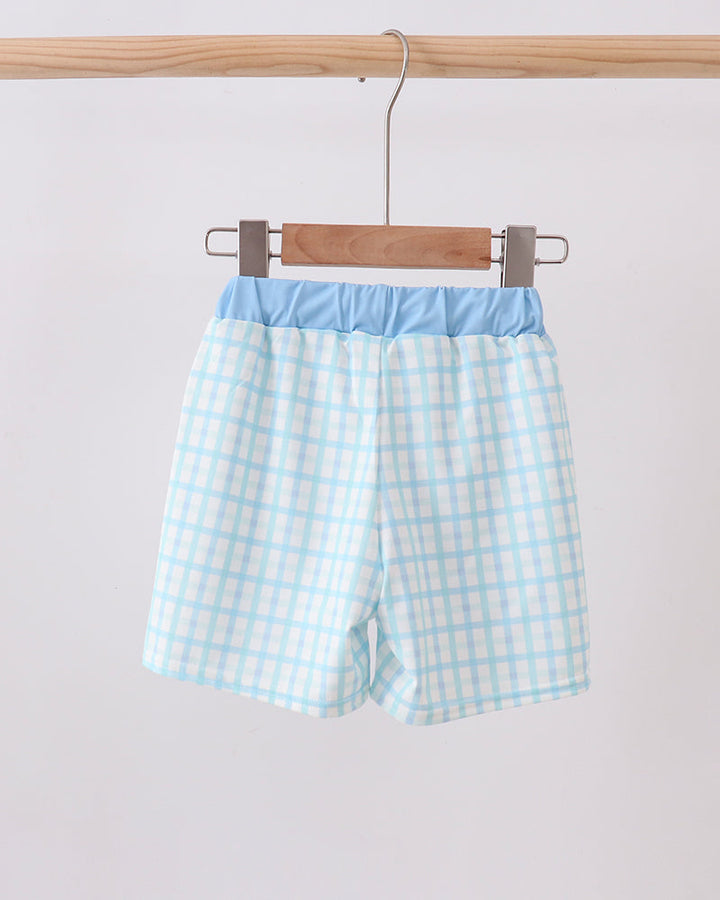 Light blue plaid swim shorts with white elastic waistband and drawstring ties.