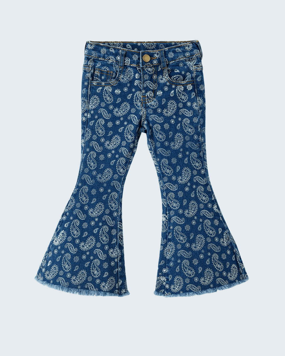 Blue denim flare jeans with bandana print, button waistband and five-pocket style