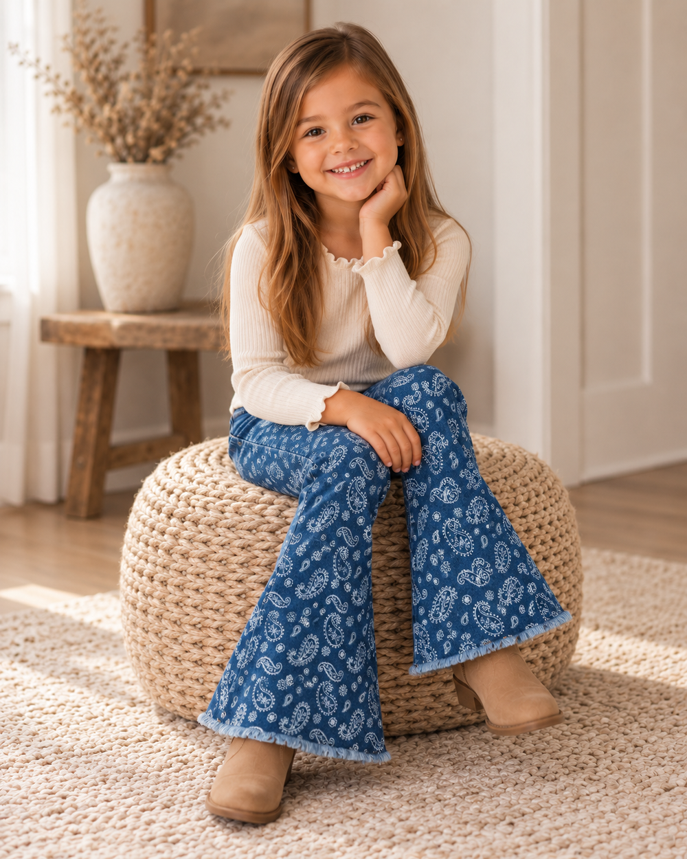 Blue bandana-print denim flare jeans on model, button front and wide flared legs