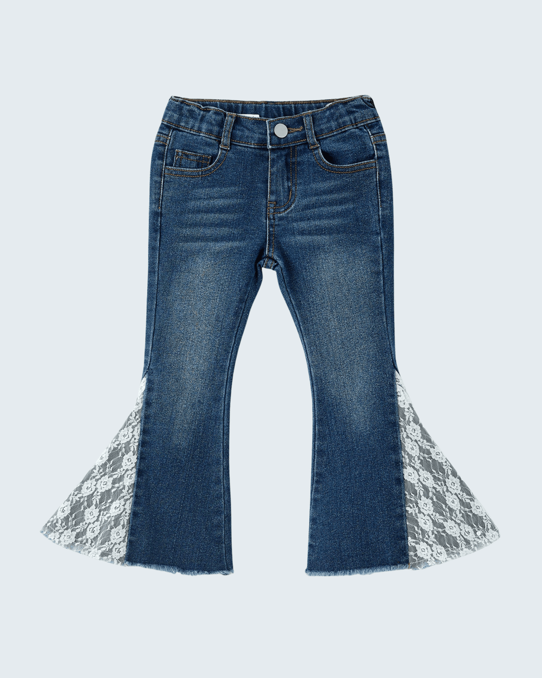 Blue denim bell-bottom jeans with lace-trim flare hems