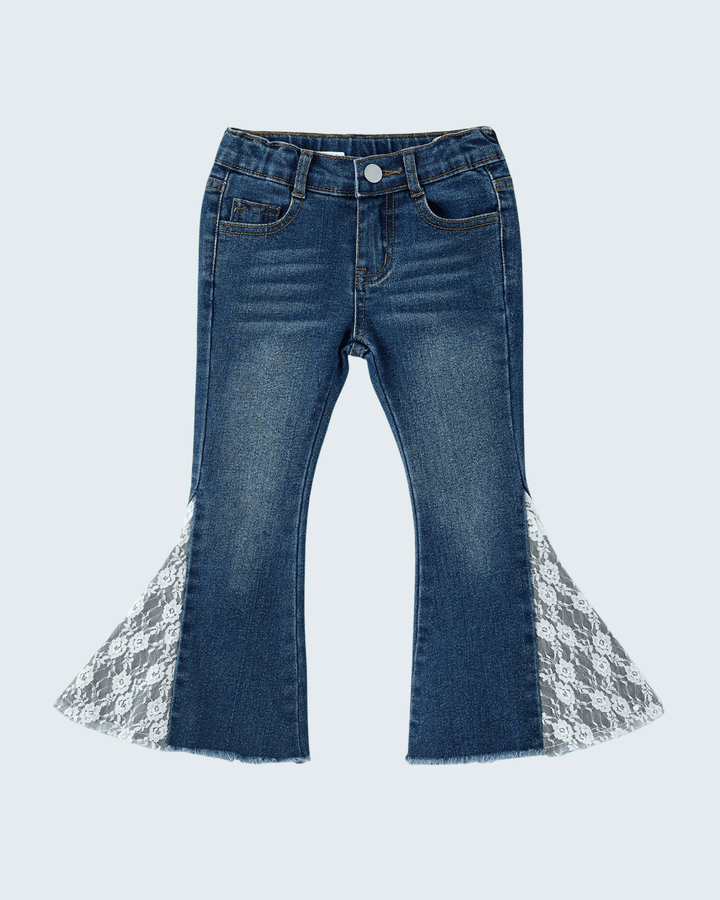 Blue denim bell-bottom jeans with lace-trim flare hems