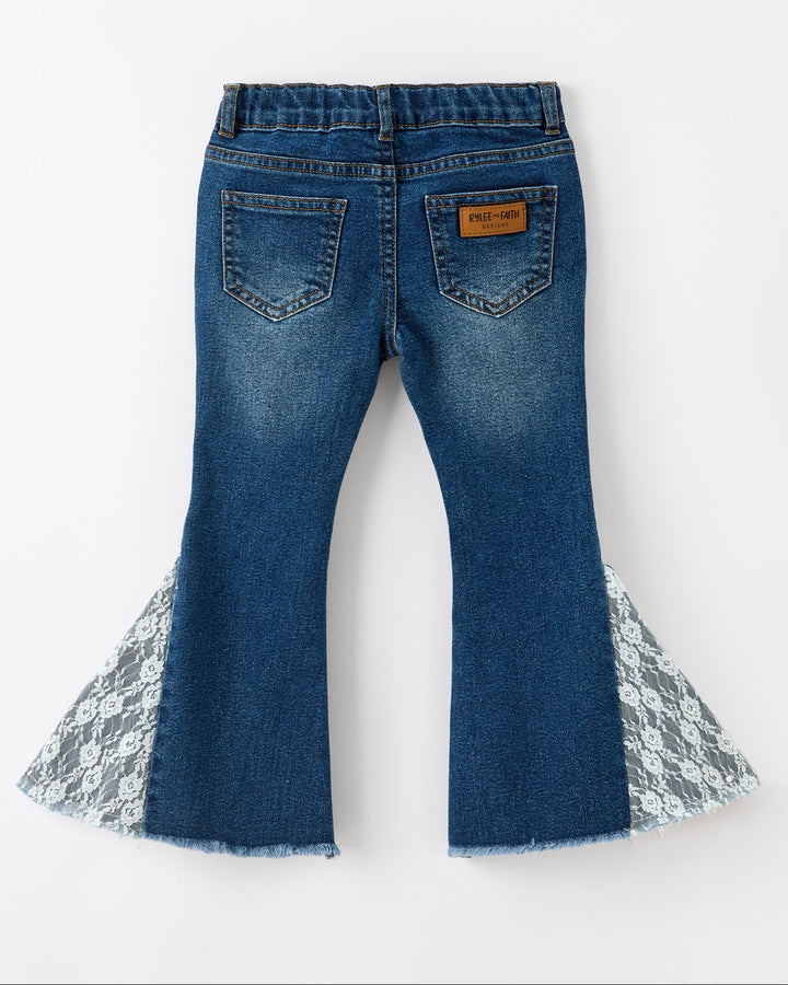 Girls dark blue denim bell-bottoms with back pockets and lace-flare hem