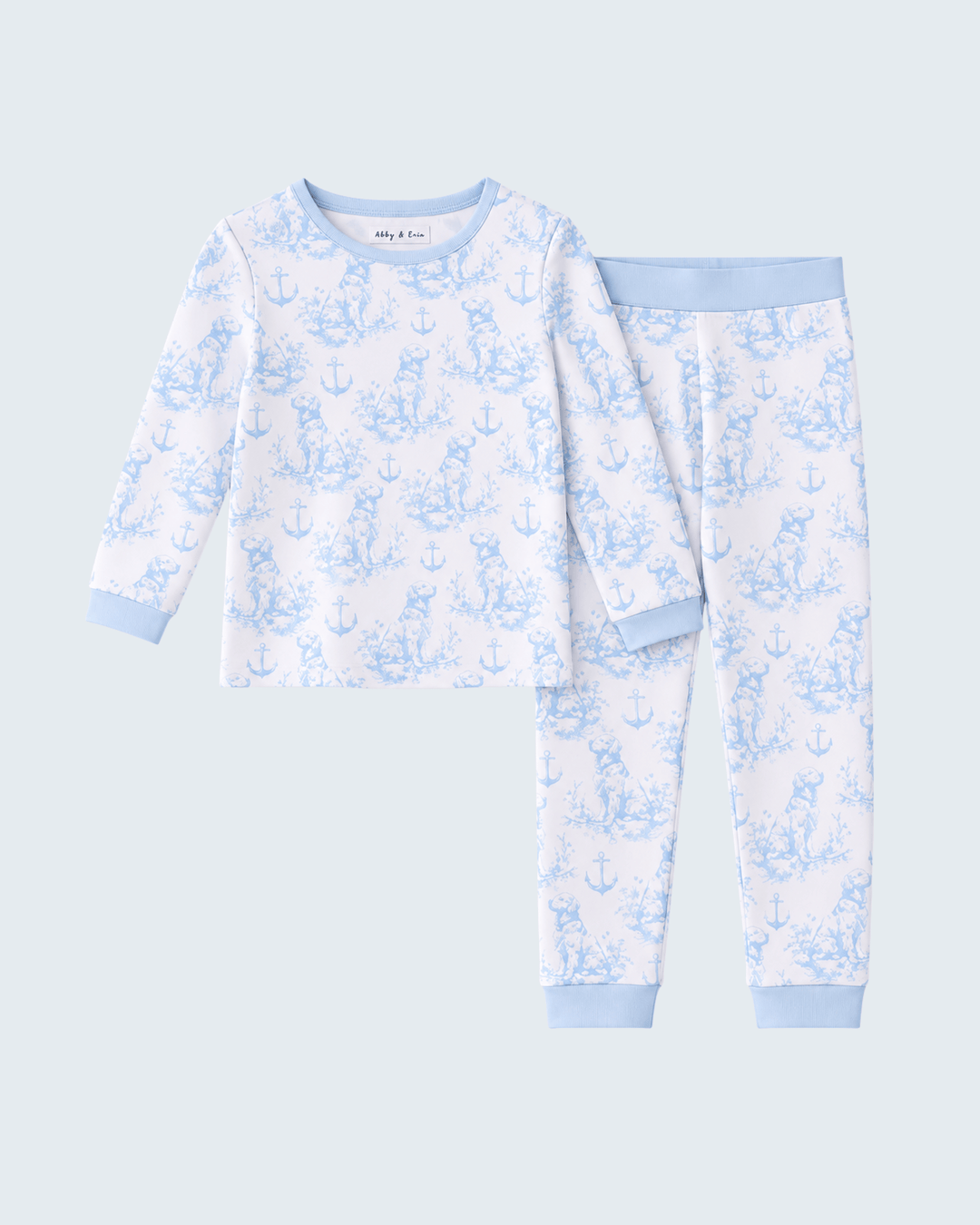 Light blue anchor-print bamboo pajama set, long-sleeve top and matching pants