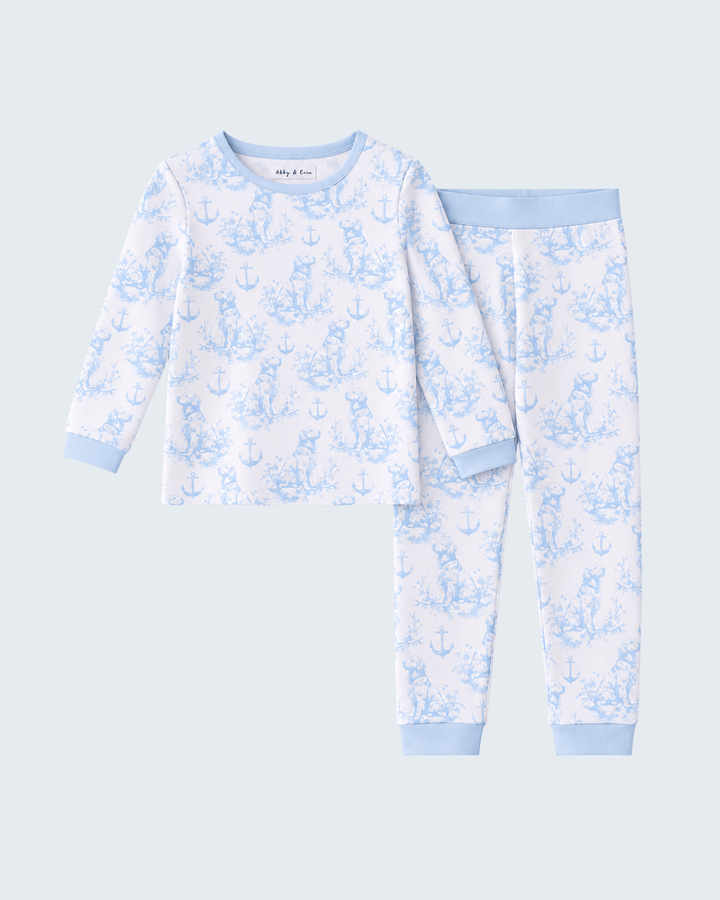 Light blue anchor-print bamboo pajama set, long-sleeve top and matching pants