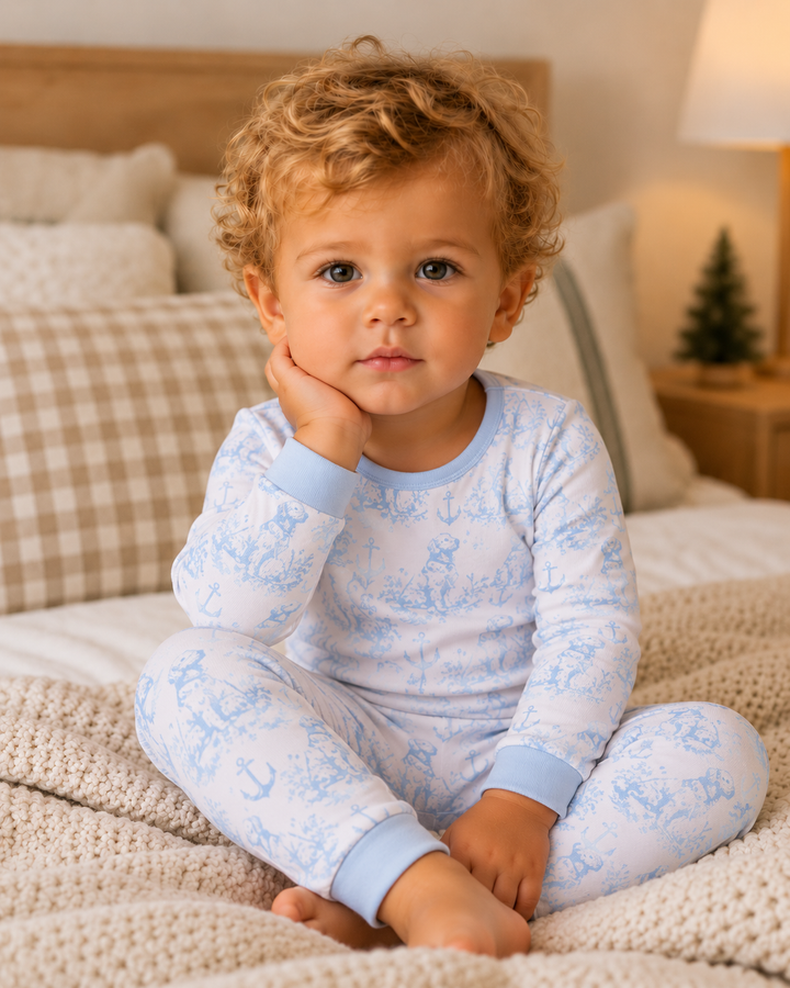 Light blue bamboo pajama set with anchor pattern, long sleeves and cuffs
