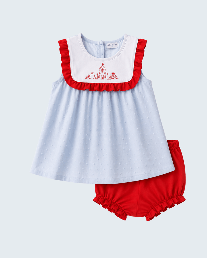 Baby swiss dot dress and bloomer set, light blue with red ruffled trim and applique