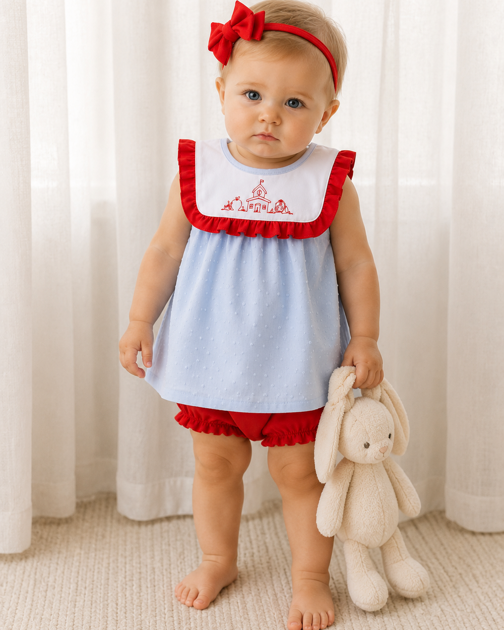 Baby light-blue swiss dot sleeveless dress with red ruffled bloomer shorts
