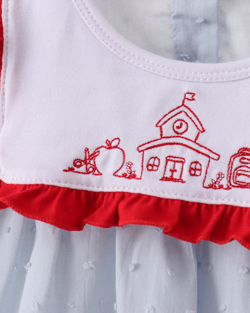 White dress collar with red stitched embroidery and ruffled red trim