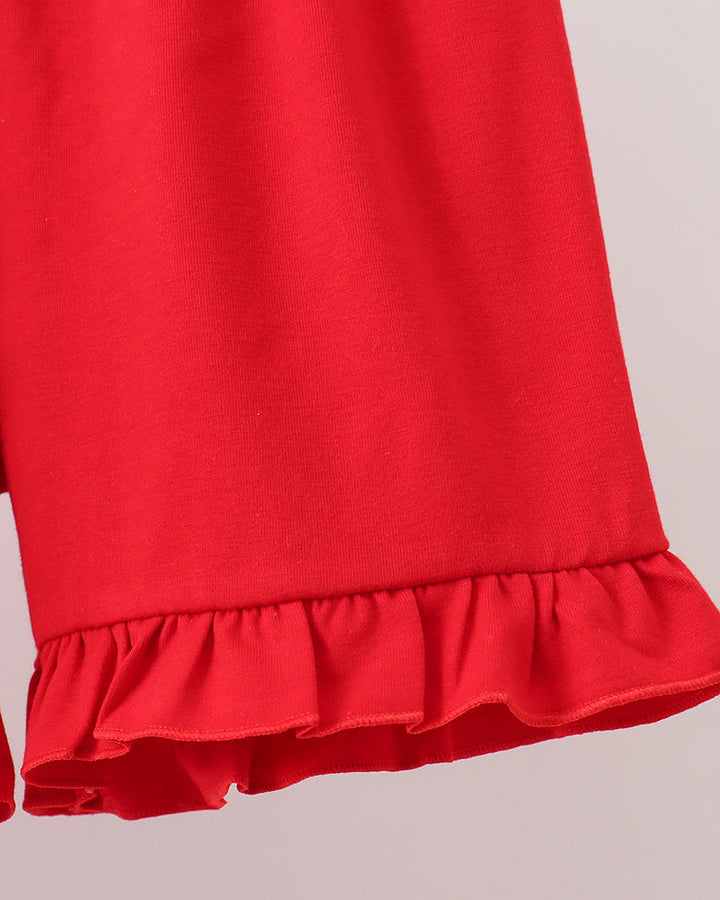 Red ruffle-trim toddler shorts with elastic waistband