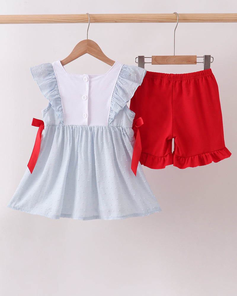 Toddler light blue Swiss dot ruffle dress set with red bows and matching red shorts