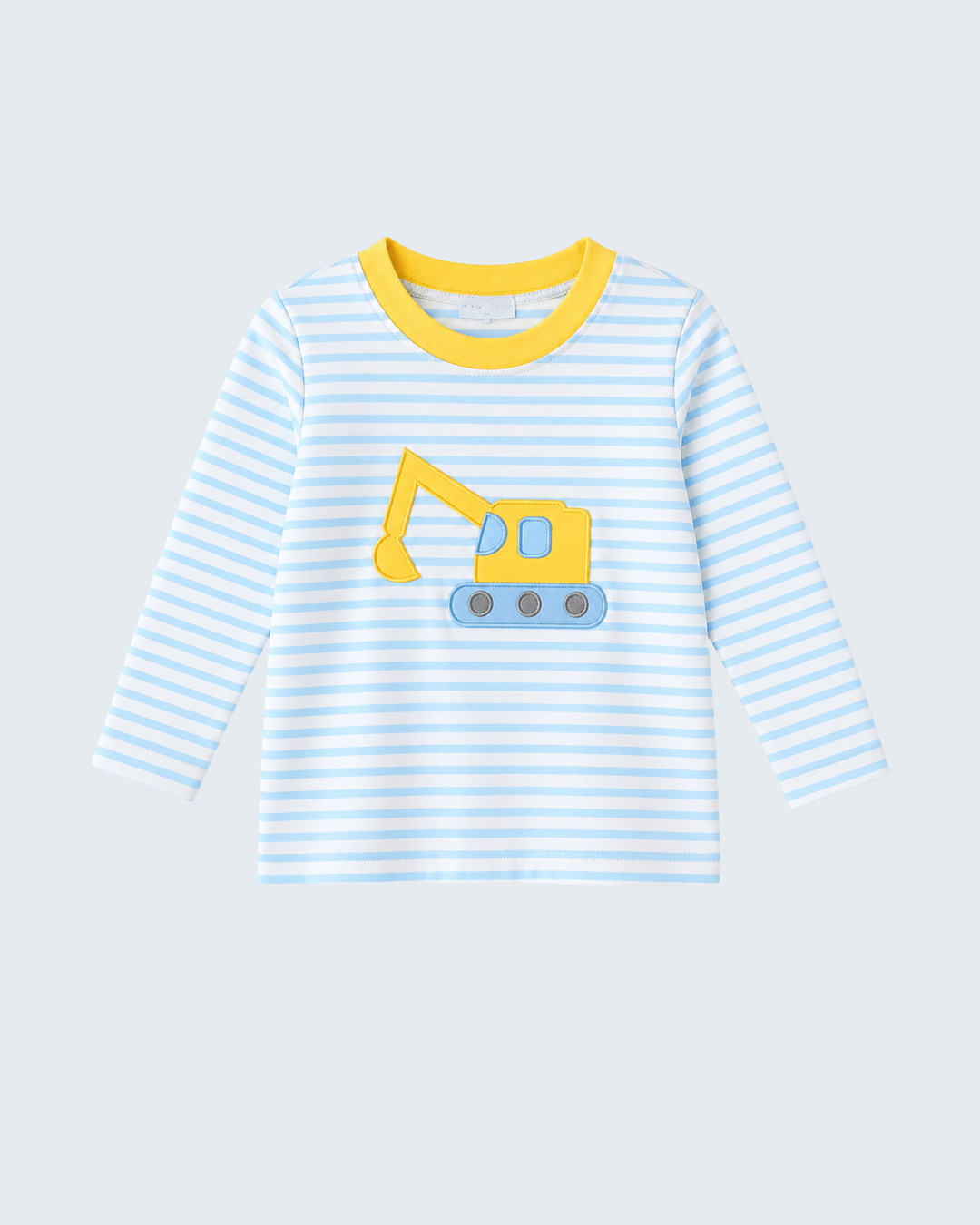 Blue-and-white striped top with yellow collar and excavator appliqué