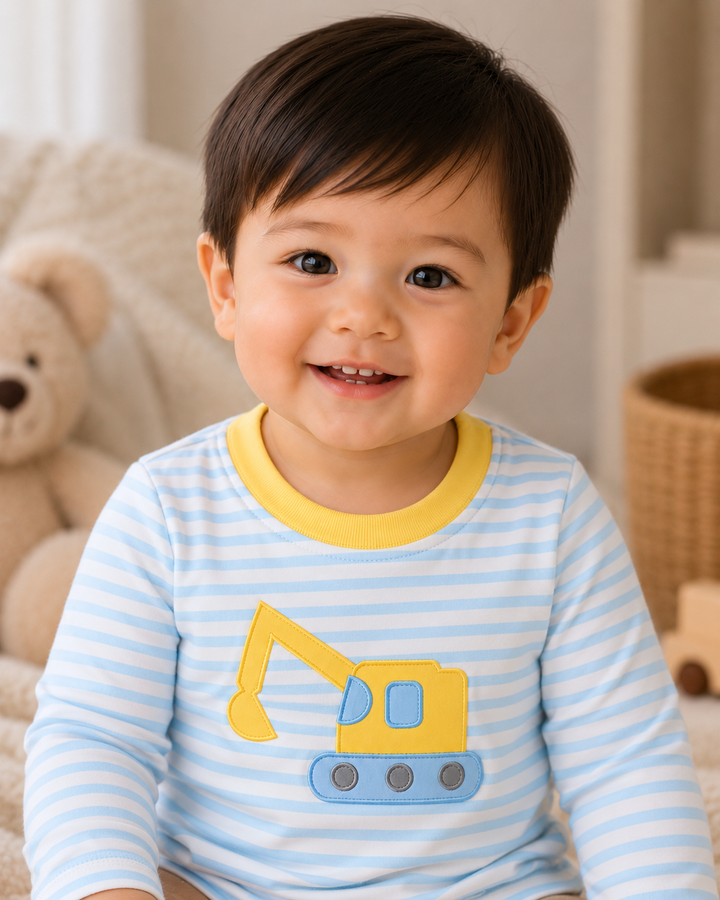 Blue and white striped baby top with excavator appliqué