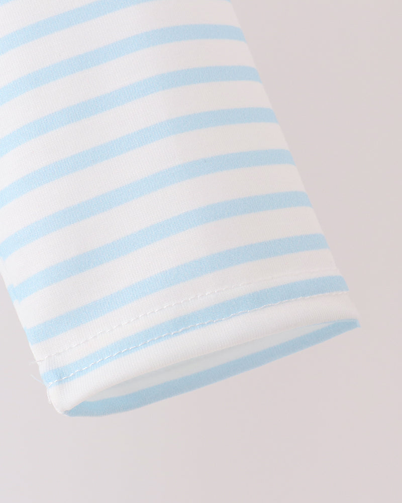 Blue-and-white striped top sleeve with stitched hem and plain design