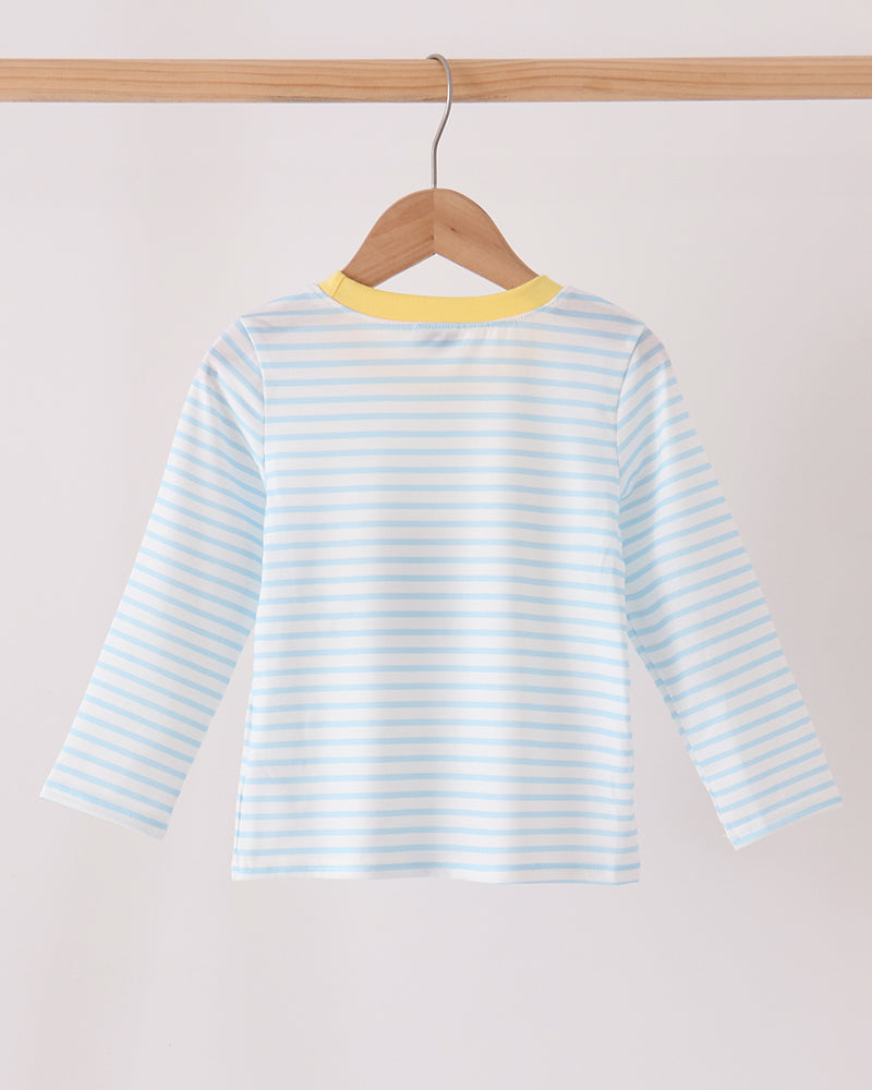 Blue-and-white striped long-sleeve top, plain back with yellow neck trim
