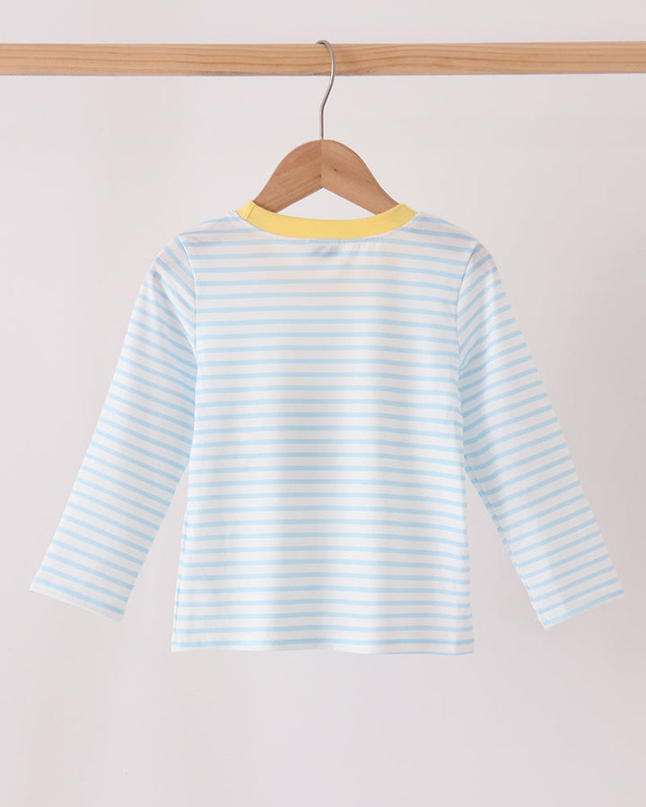 Blue-and-white striped long-sleeve top, plain back with yellow neck trim