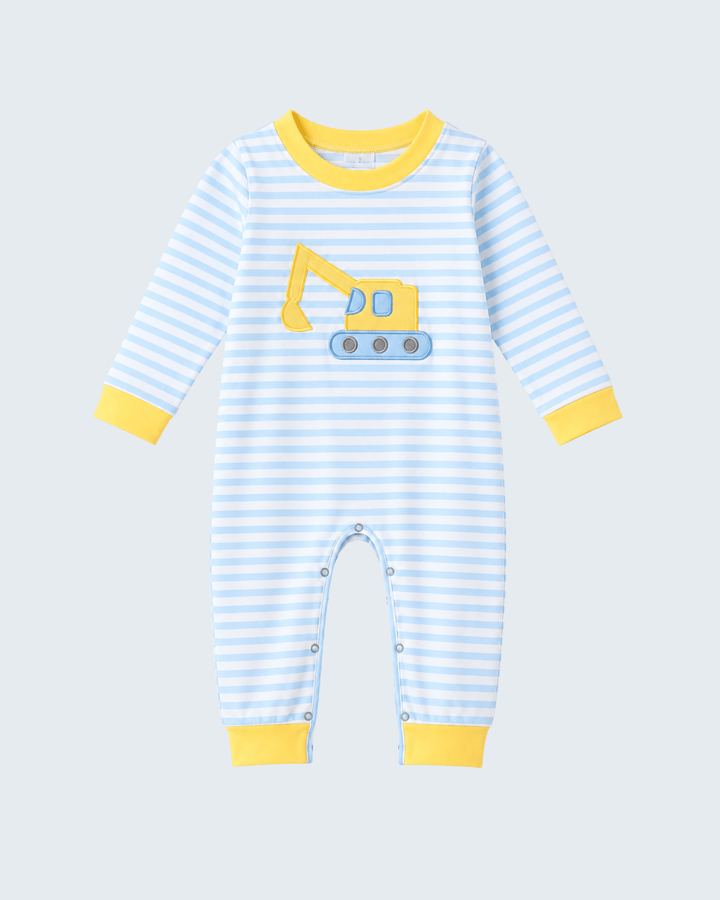 Blue striped romper with excavator appliqué and yellow trim
