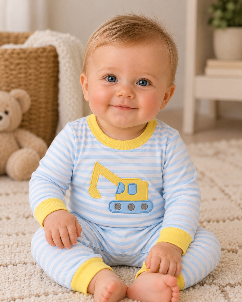 Blue striped baby romper with excavator appliqué and yellow trim