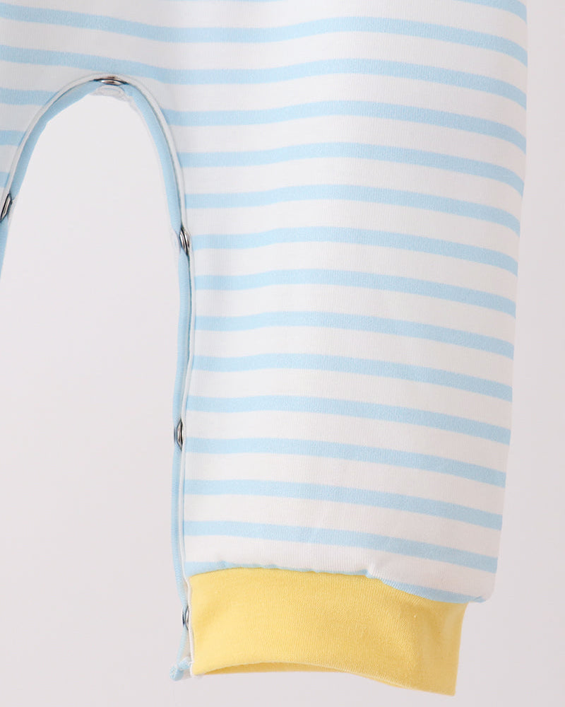 Light blue striped baby romper with yellow cuffed hem and neck trim