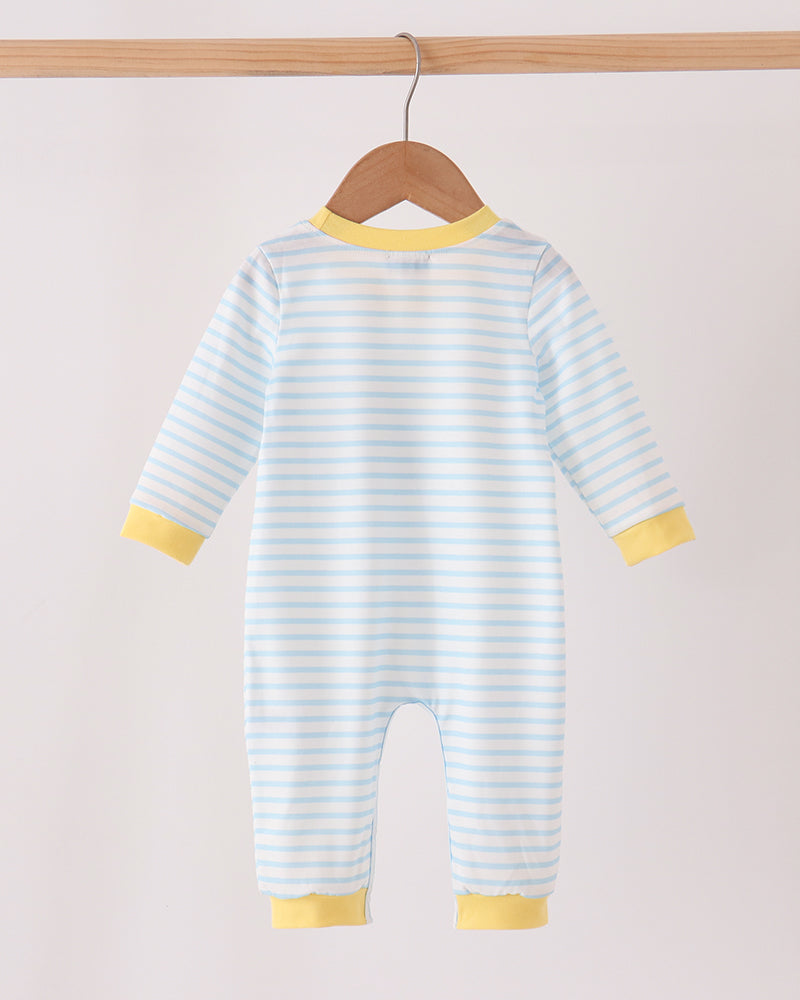 Striped baby romper with long sleeves and yellow trim