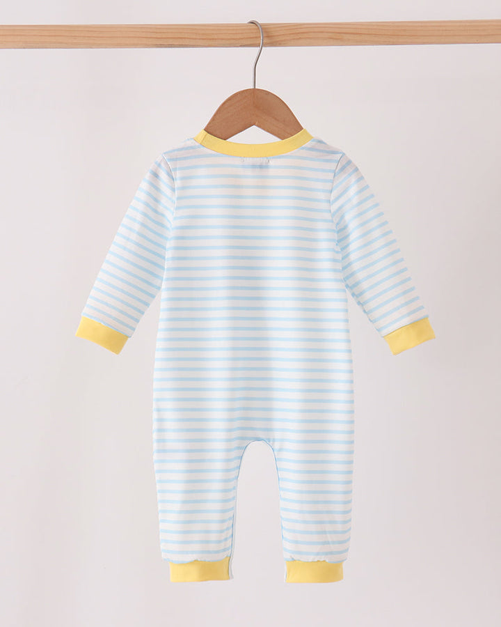 Striped baby romper with long sleeves and yellow trim