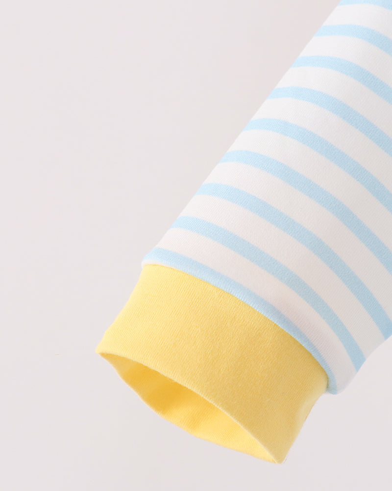 Light blue striped romper sleeve with yellow ribbed cuff