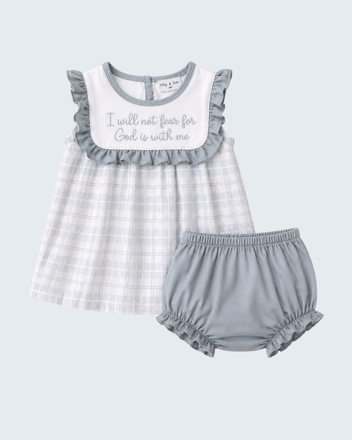 Infant faith quote bloomer set with ruffled dress top, plaid skirt, and gray bloomers