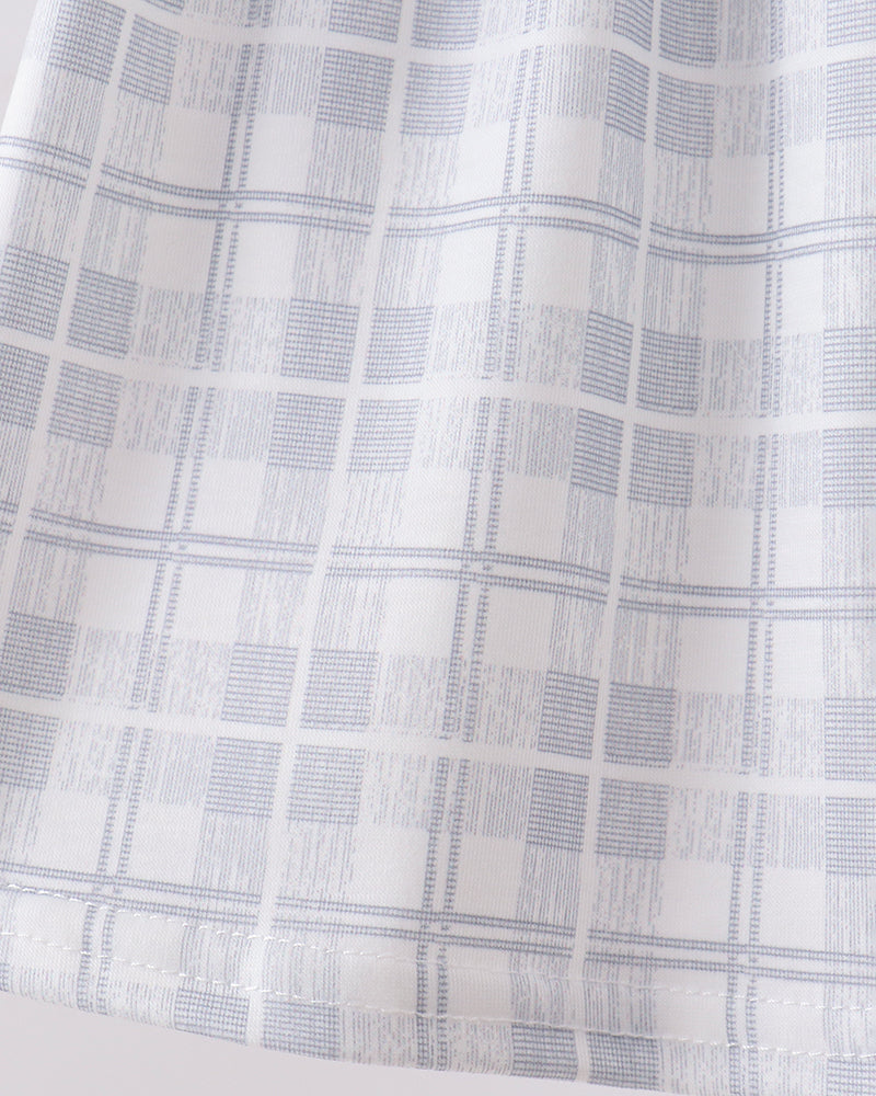 White plaid fabric with light blue-gray grid and gathered neckline seam