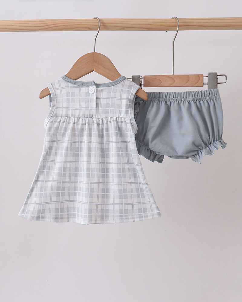 Faith quote embroidered bloomer set: white check dress and blue-gray shorts