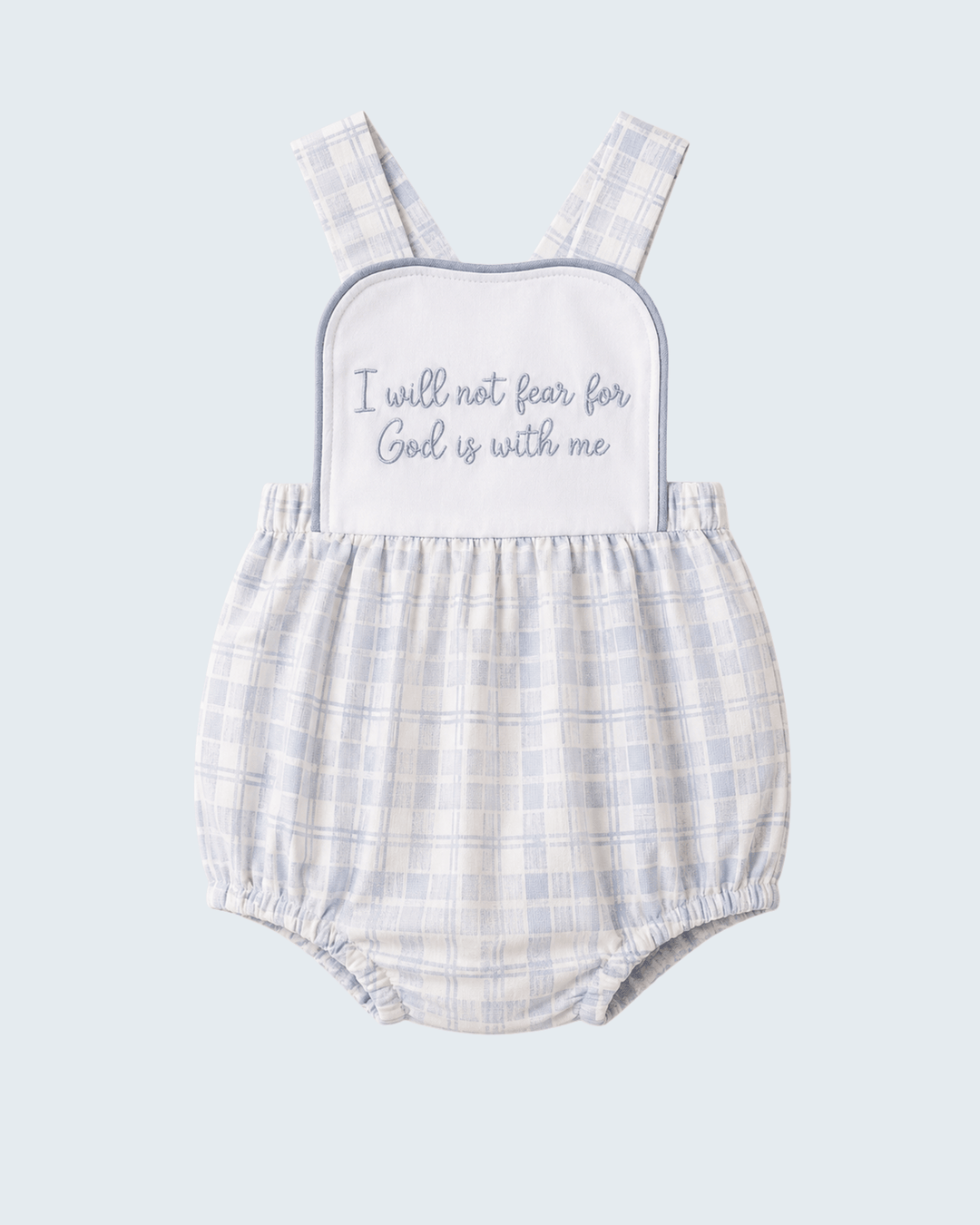 Light blue gingham baby romper with embroidered quote front and shoulder straps