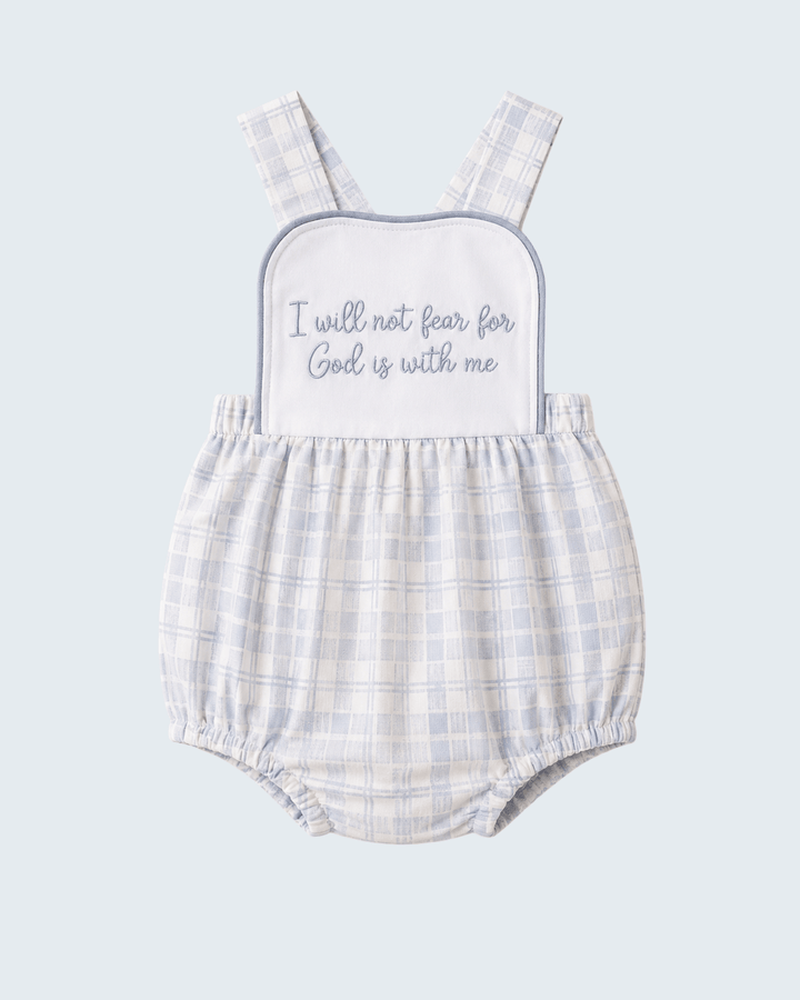 Light blue gingham baby romper with embroidered quote front and shoulder straps