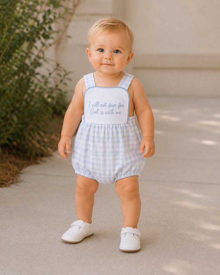 Light blue gingham baby bubble romper with embroidered quote on front