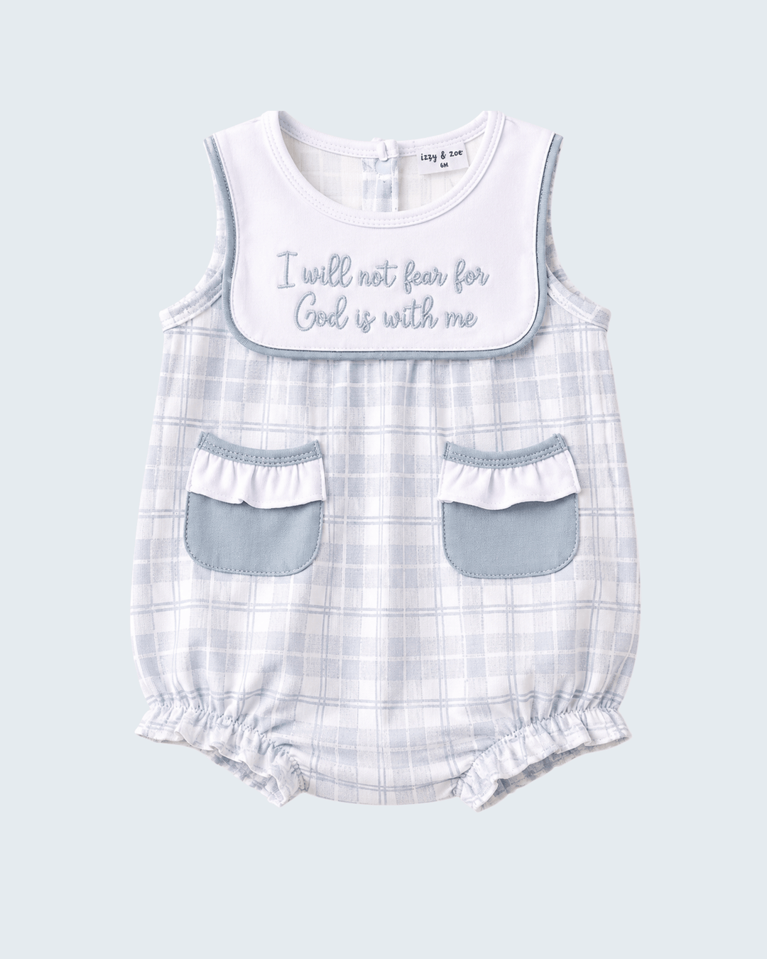 Baby plaid bubble romper with embroidered bib-style quote and front pocket panels