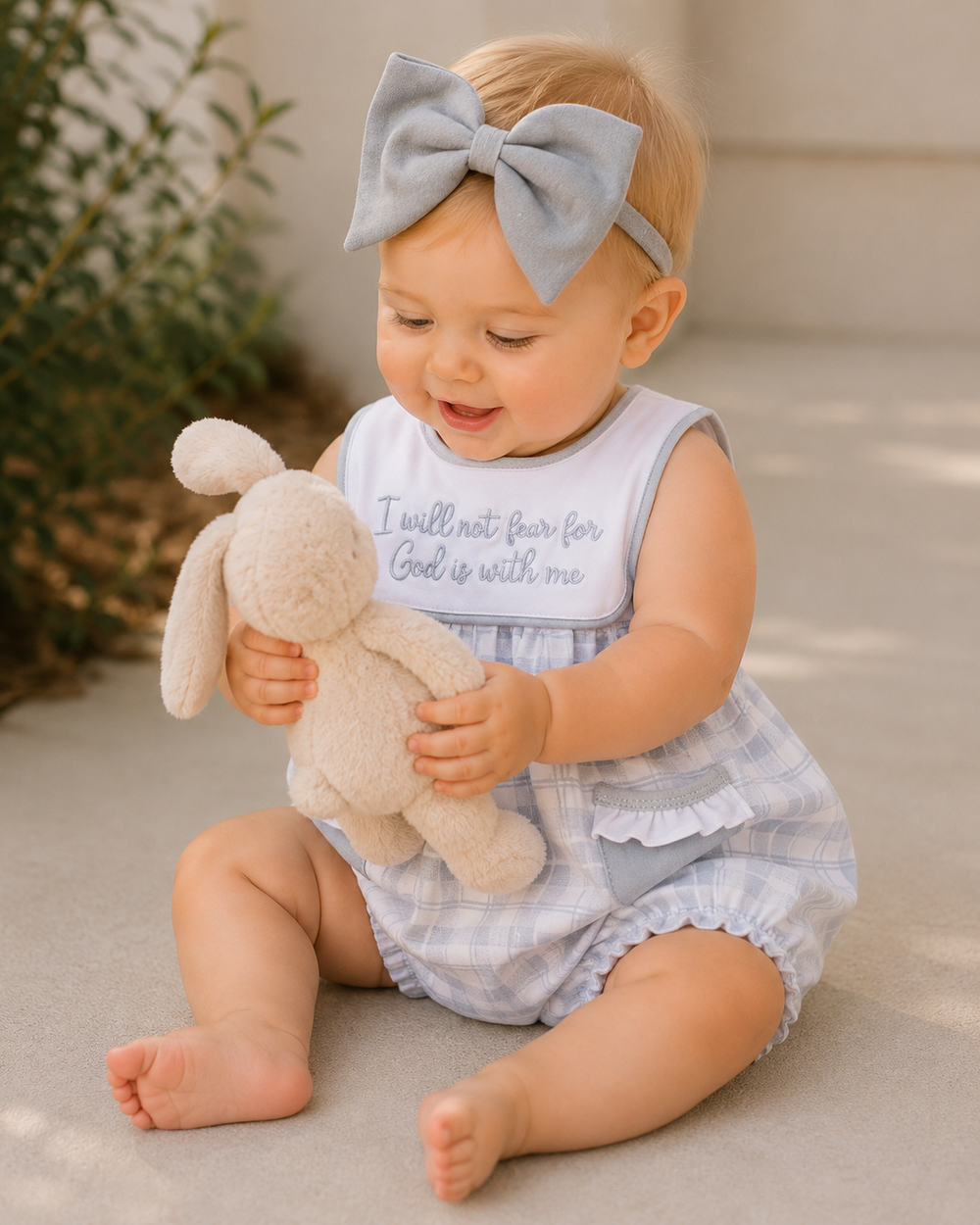 Infant wearing white-and-light-blue plaid bubble romper with “God is with me” embroidery