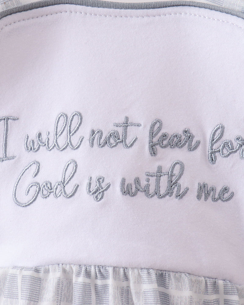 White fabric with blue embroidered quote: I will not fear, God is with me