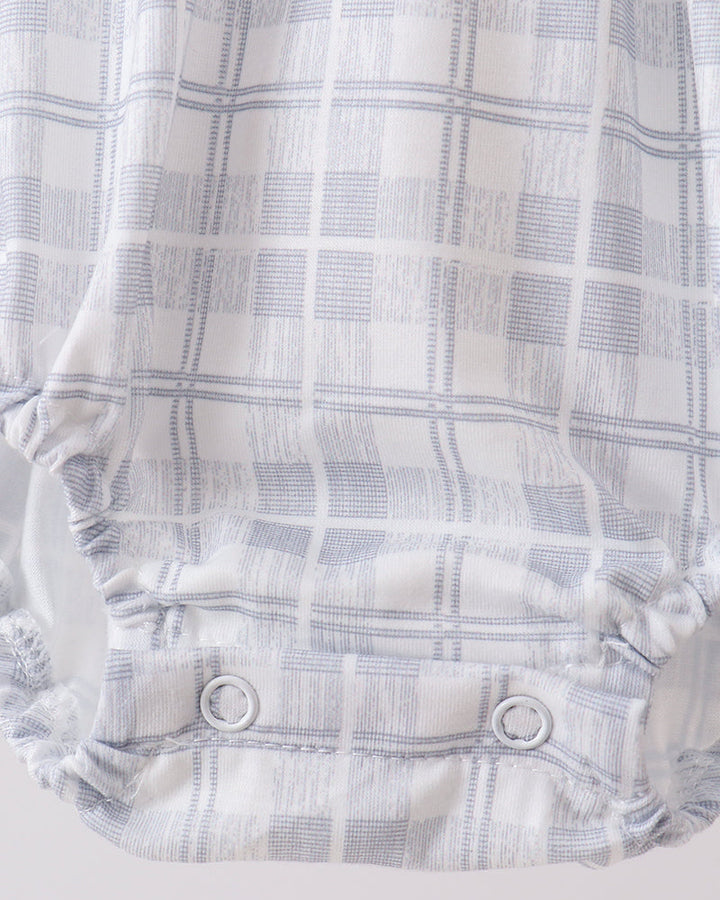 White plaid bubble romper with snap buttons and elastic leg openings, blue accents