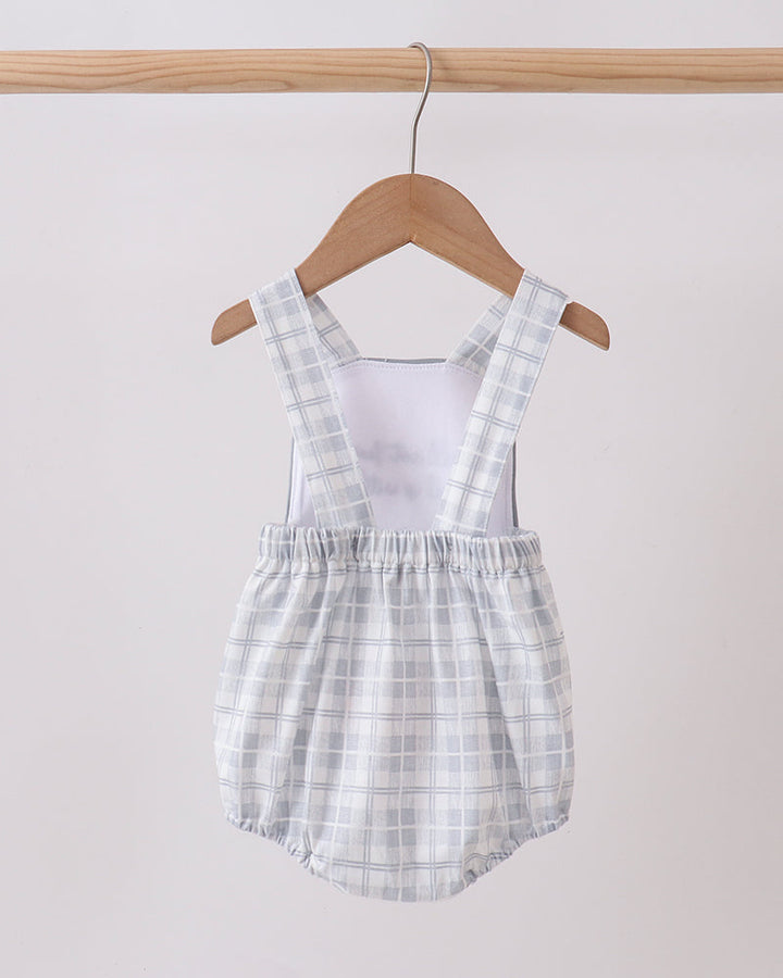 White plaid bubble romper with square neck straps and gathered bubble hem, blue embroidery