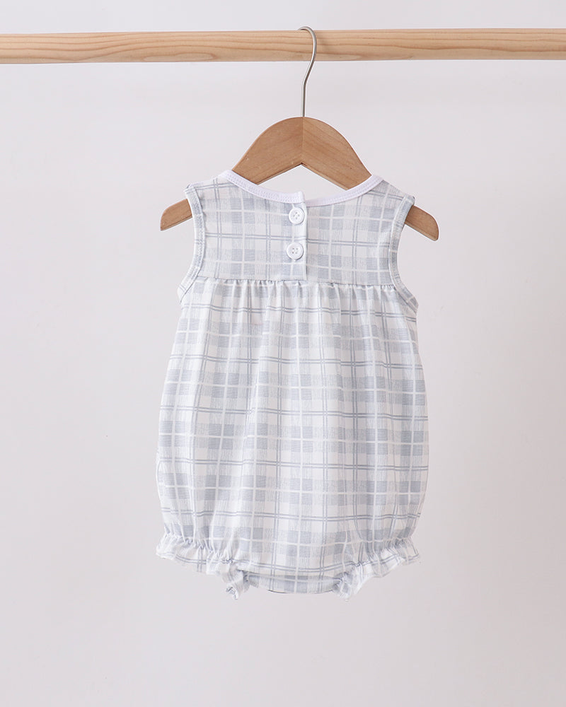Baby bubble romper, sleeveless plaid in white with light blue; snap-button neckline