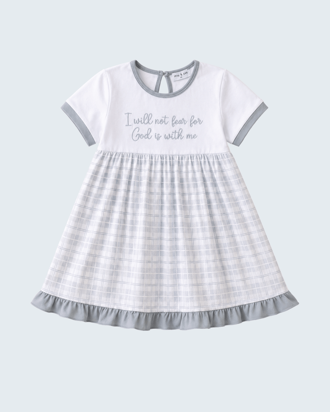 White girls’ dress with light gray plaid skirt and embroidered faith quote, ringer trim