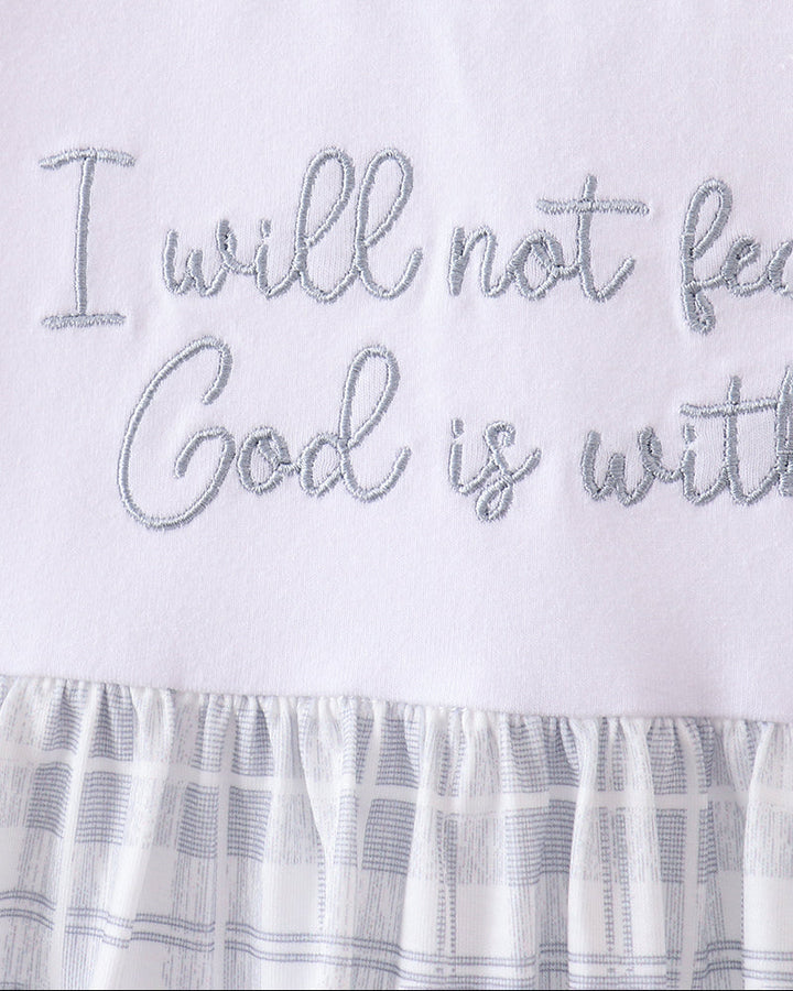 White dress bodice with light-gray embroidered quote and gingham ruffle hem