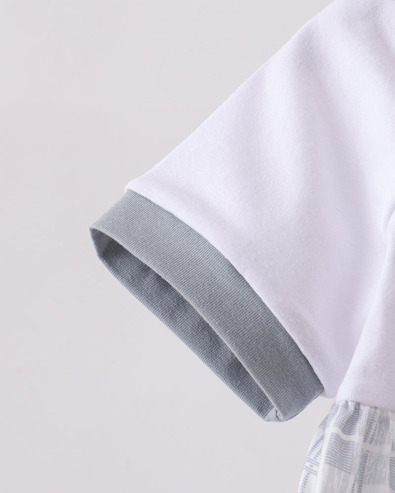 White short sleeve dress with gray cuff trim and gathered neckline