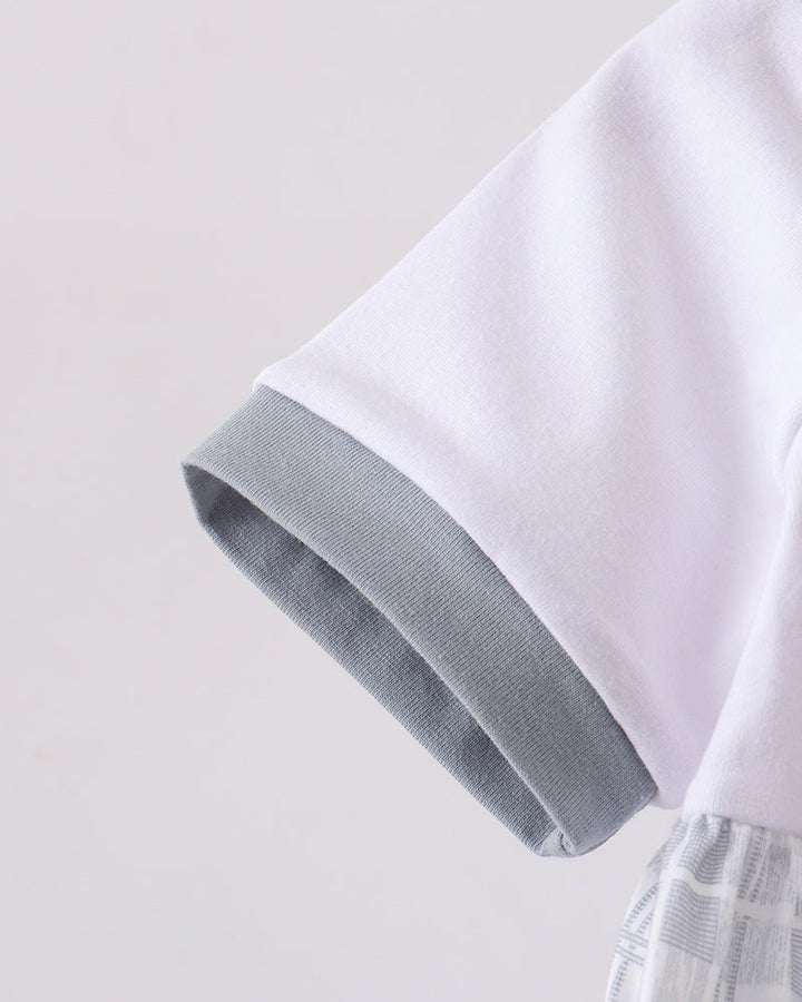 White short sleeve dress with gray cuff trim and gathered neckline