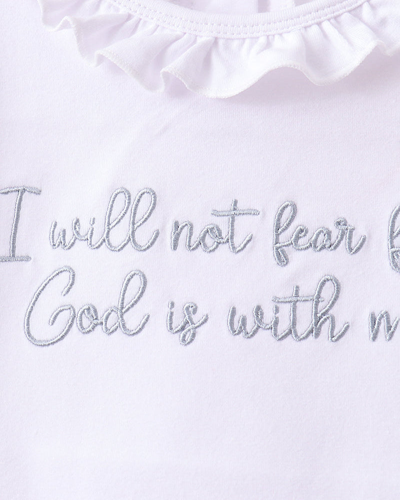 White top neckline with scalloped ruffle and embroidered faith quote in gray